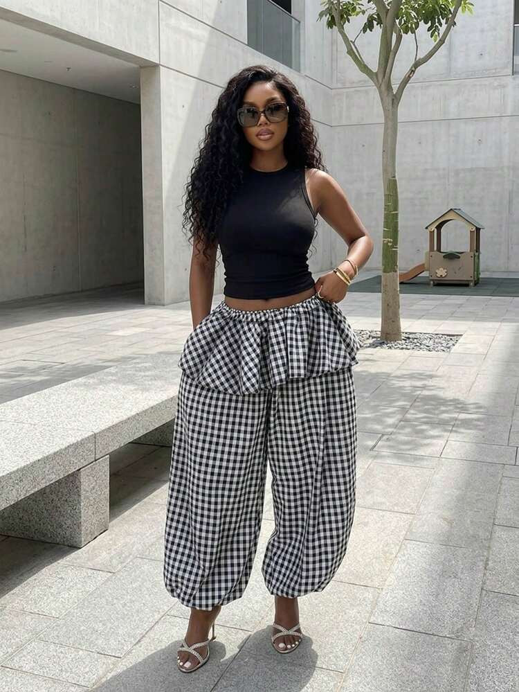 BamGleam Women's Classic Plaid Print Two Pieces Set, Ruffle Hem Loose Drawstring Pants | SHEIN