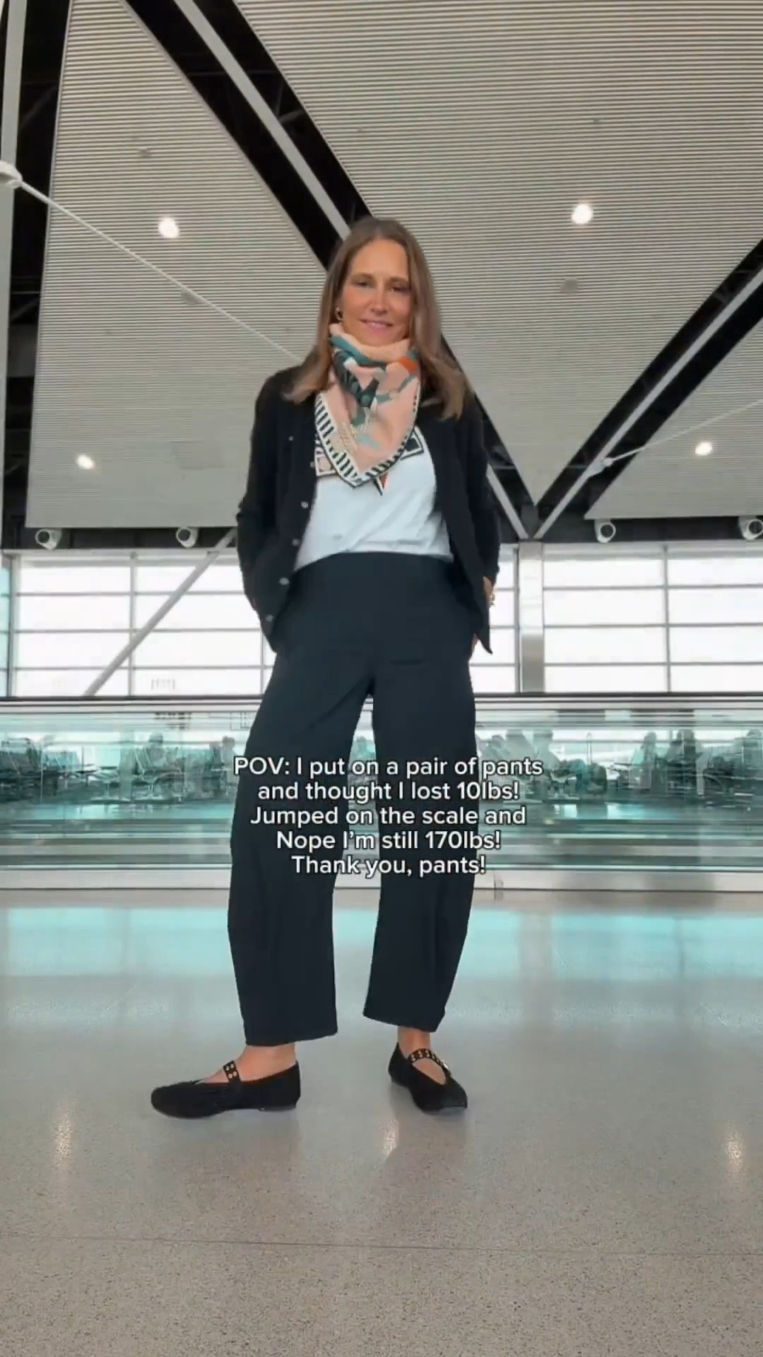 This has been one of my favorite travel outfit combinations lately. The pants are comfortable, flattering, and easy to wear for hours, and I love how the soft cardigan and silk scarf pull everything together. It feels simple, comfortable, and still put together for travel days.

#LTKOver40 #LTKMidsize #LTKTravel