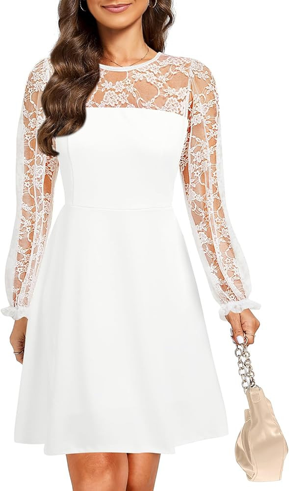 Holipick Women's Cocktail Dresses Wedding Guest Party Crew Neck Short A Line Dress with Lace Slee... | Amazon (US)