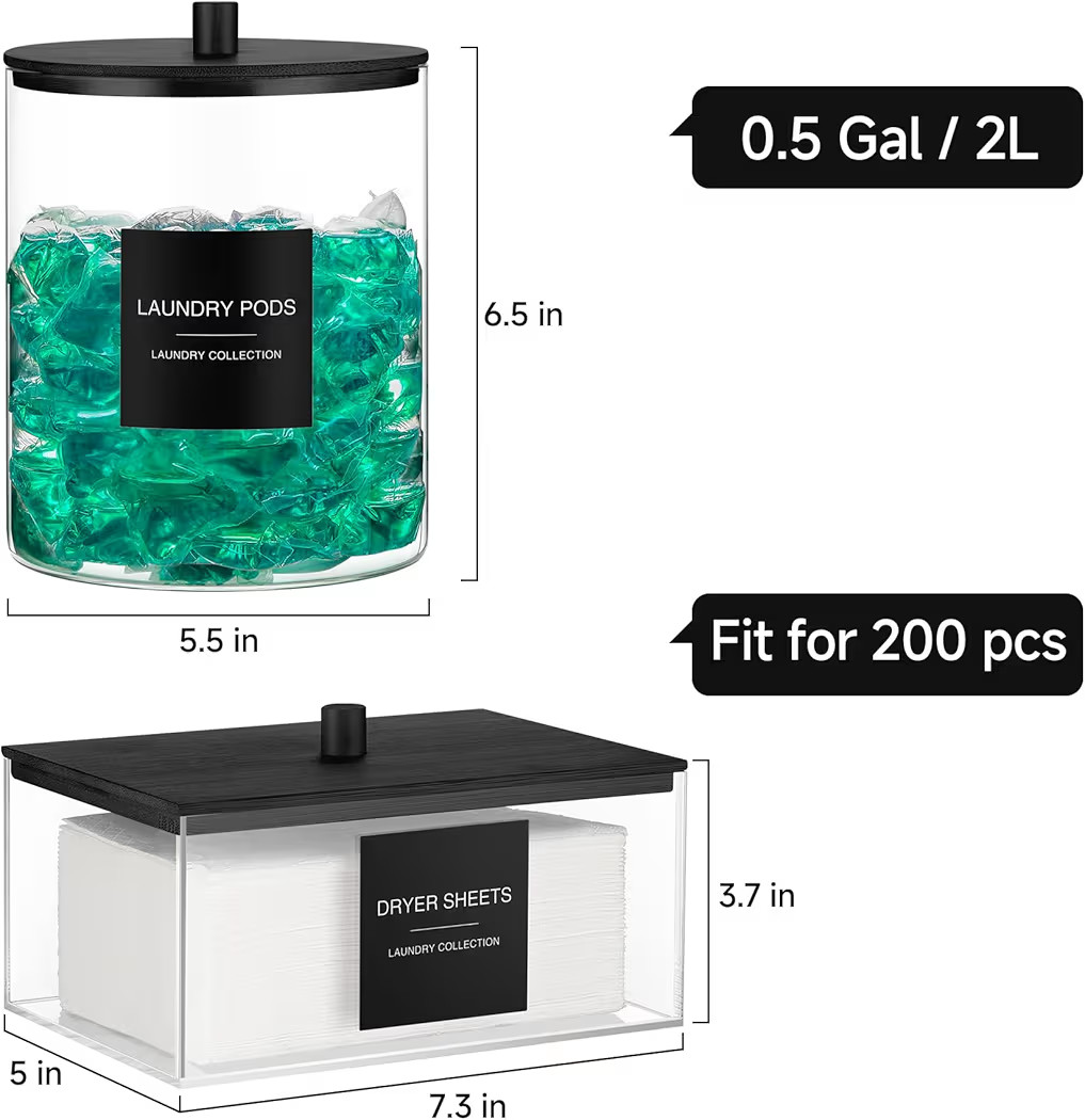 3 Pack Glass Jars and Acrylic Dryer Sheet Holder, Laundry Pods Container with Bamboo Lid and Meas... | Amazon (US)