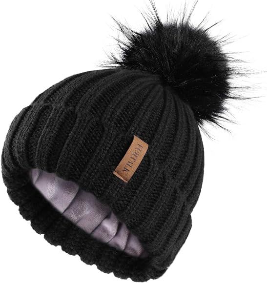 FURTALK Womens Winter Knitted Beanie Hat with Faux Fur Pom Fleece Lined Warm Beanie for Women | Amazon (US)