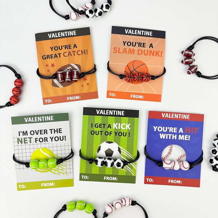 Sports Valentines Day Gifts Cards with Bracelets for Kids Classroom,30 Pack Adjustable Bracelets ... | Amazon (US)