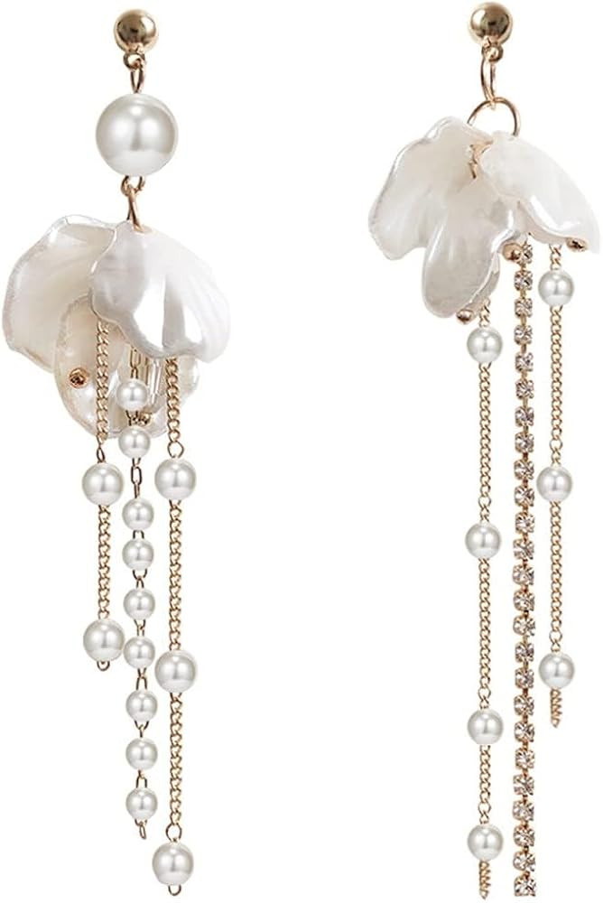 KRUCKEL Peach Blossom Floral Long Dangle Earrings | Golden Studs, White Pearls | Hypoallergenic, ... | Amazon (US)