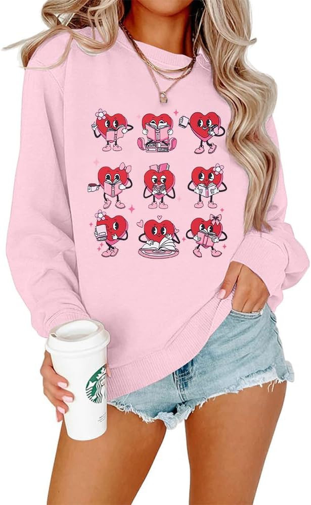 KIDDAD Valentine Sweatshirt Women Book Lover Gift Shirts Cute Heart Graphic Read Book Pullover To... | Amazon (US)