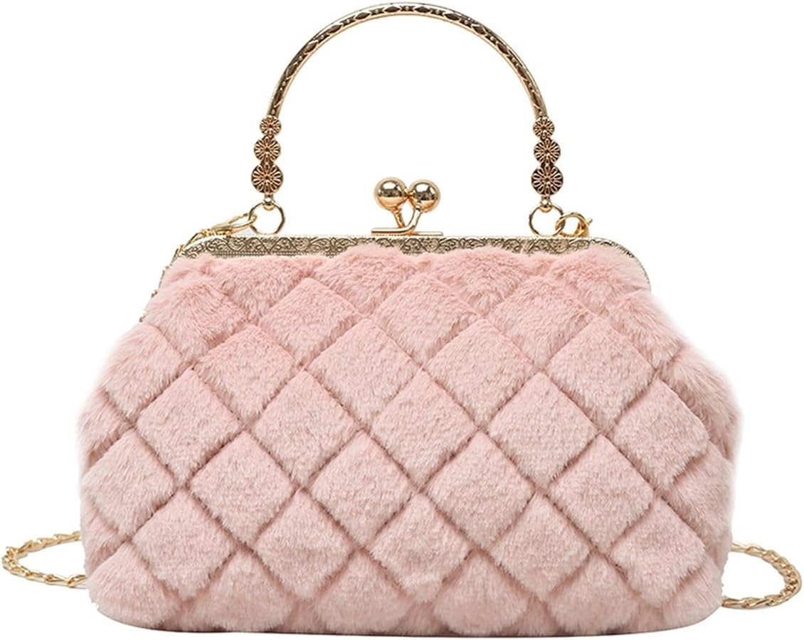 Plush Handbag For Women Diamond Lattice Lambswool Lady Totes Fashionable Shoulder Crossbody Purse | Amazon (US)