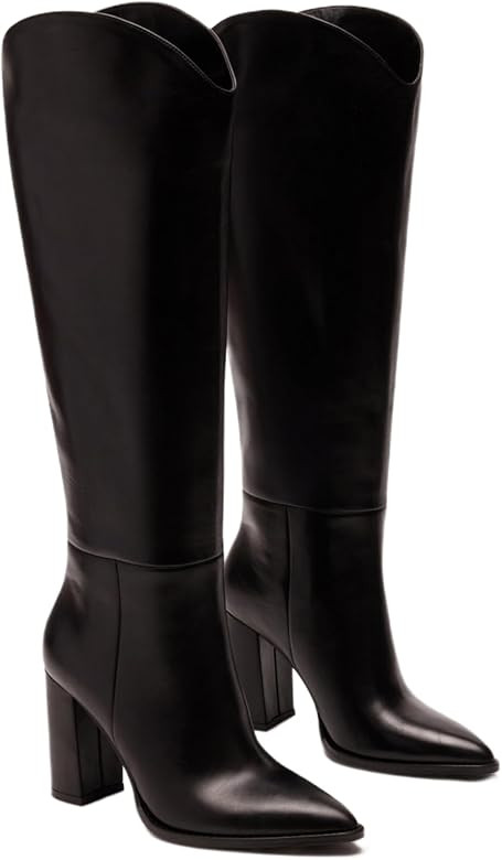 Knee High Boots Women Pointed Toe Tall Boots 3.5 In Chunky High Heel Long Boots Pull On Faux Leat... | Amazon (US)