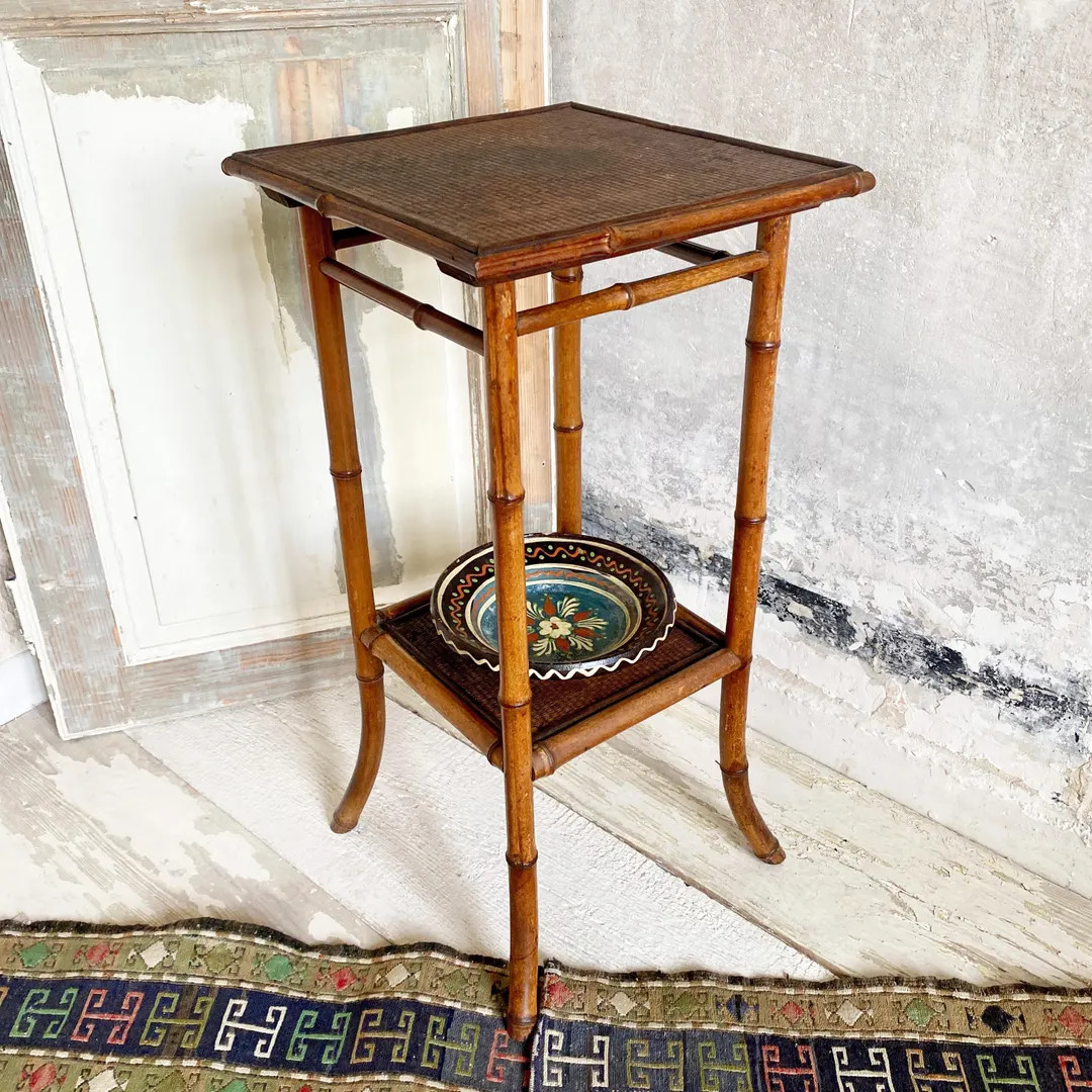 Antique Tall Bamboo & Raffia Side Table: c1800’s | Square Topped Two-Tiered Occasional Table | Etsy (US)
