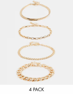 ASOS DESIGN pack of 4 bracelets in essential curb and herringbone chains in gold tone | ASOS (Global)