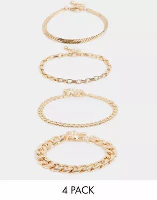 ASOS DESIGN pack of 4 bracelets in essential curb and herringbone chains in gold tone | ASOS (Global)