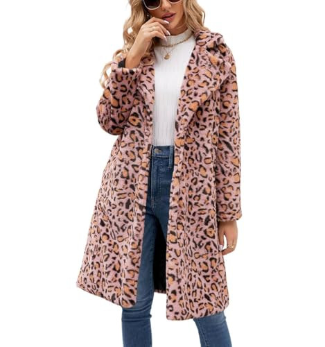 chouyatou Women's Open Front Leopard Print Faux Fur Long Trench Coat Lapel Collar Furry Jacket Coat (Large, Pink) | Amazon (US)