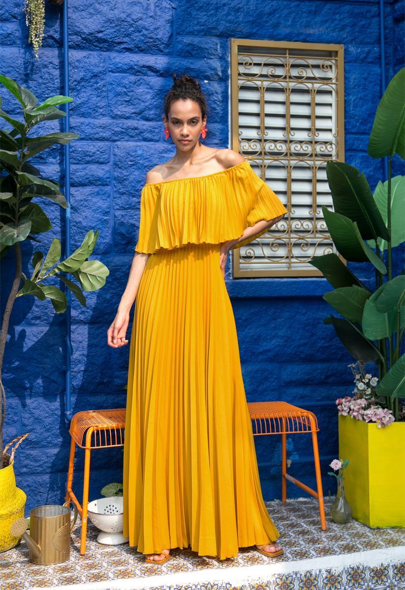 Dancing Till Dawn Off-Shoulder Pleated Maxi Dress in Mustard | Chicwish