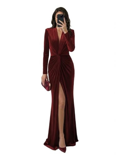Weinaze Burgundy Velvet Formal Dress for Women Sexy Deep V Neck Ruched Long Sleeve Maxi Evening Party Gown with Slit Size 2 | Amazon (US)