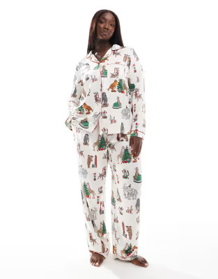 Chelsea Peers Curve Christmas satin circus print long sleeve top and pants pajama set in cream | ASOS (Global)