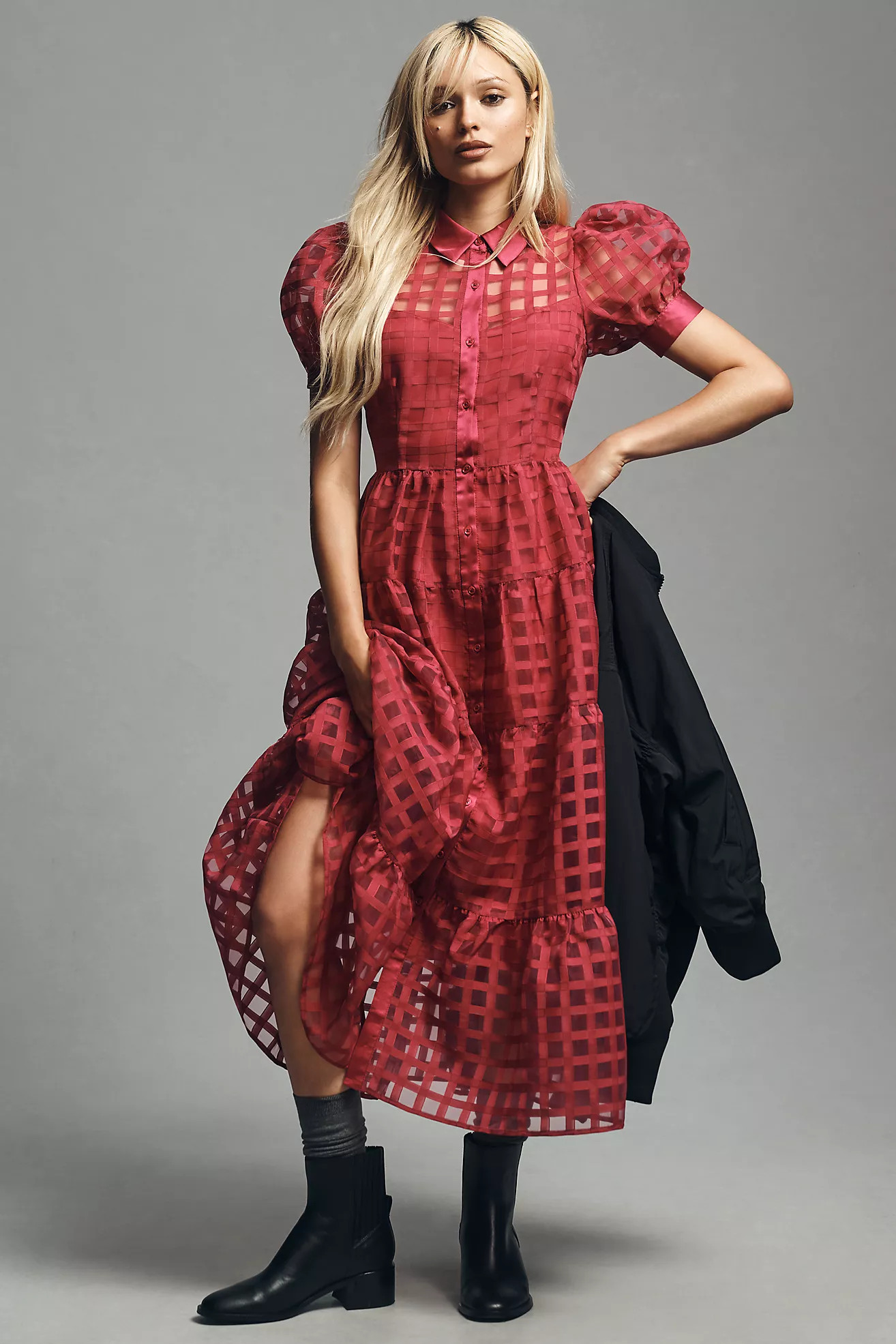 English Factory Organza Short-Sleeve Button-Front Midi Dress | Anthropologie (US)