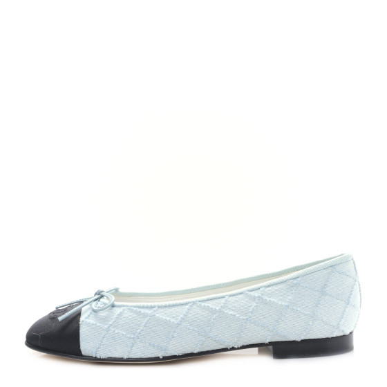 Denim Embroidered Grosgrain CC Cap Toe Ballerina Flats 38.5 Light Blue Black | FASHIONPHILE (US)