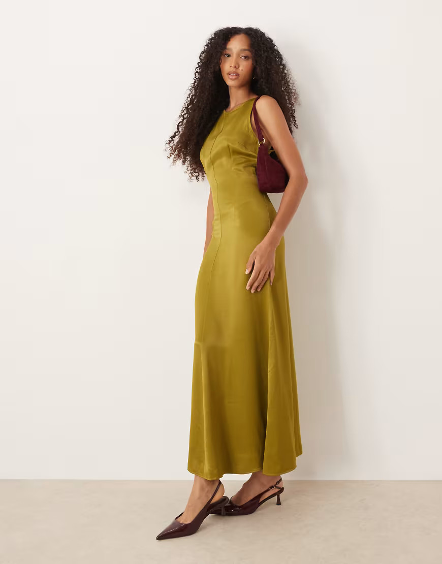 ASOS DESIGN racer neck satin maxi dress in olive-Green | ASOS (Global)