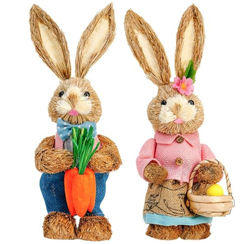 Easter Bunny Decor 13.38 in Standing Sisal Rabbit Figurine Handmade Easter Straw Mr. Bunny Statues Spring Straw Bunny Cute Photo Props Gifts for Farmhouse Spring Home Porch Decor Easter Table Decor | Amazon (US)