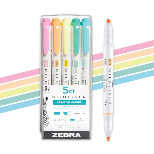 Zebra Pen Mildliner Double-Ended Highlighter Set, Broad and Fine Point Tips, Ideal for Bible Highlighting, No Bleed, Assorted Fluorescent Ink Colors, 5-Pack (78105) | Amazon (US)