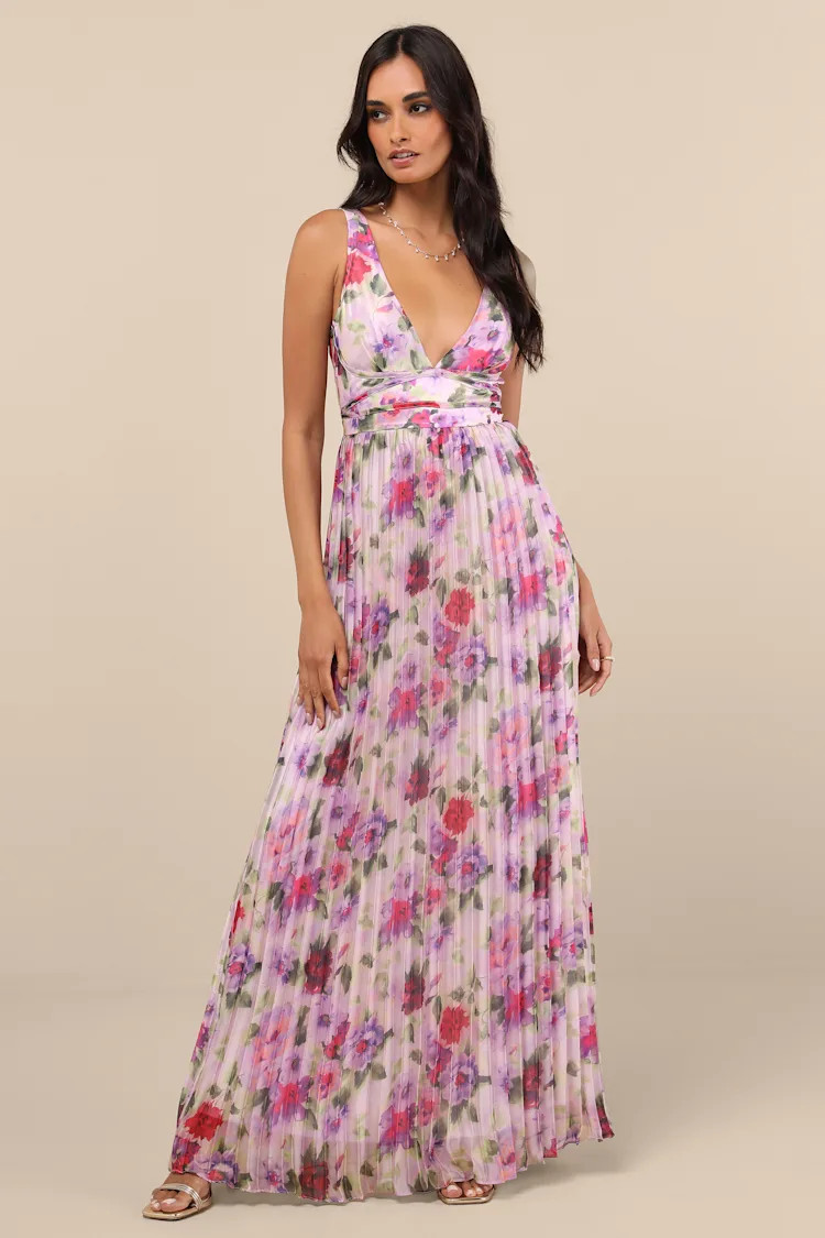 Morgana Pink Multi Floral Satin Pleated Maxi Dress | Lulus