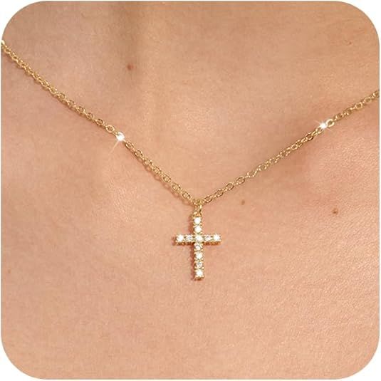 Tewiky Cross Necklace for Women-Dainty Simple 14k Gold Plated Cross Pendant Cute Diamond Necklace... | Amazon (US)