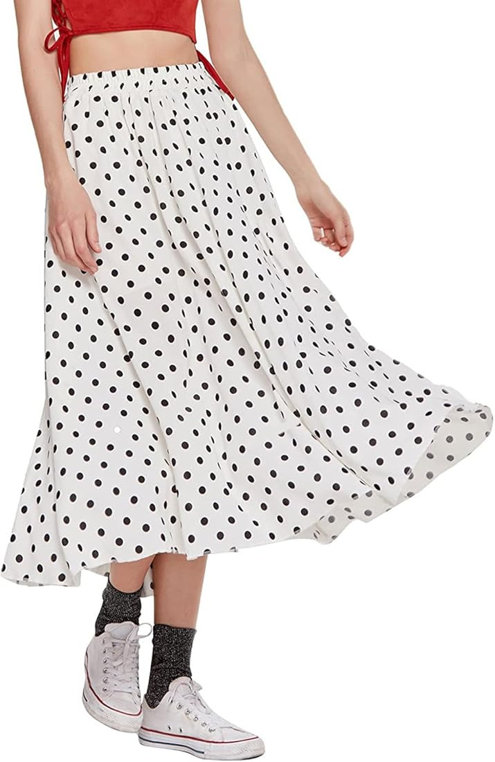 Amazon.com: CHARTOU Women's Casual Contrast Polka Dot Chiffon Bohemia Swing Beach Midi A-Line Ski... | Amazon (US)