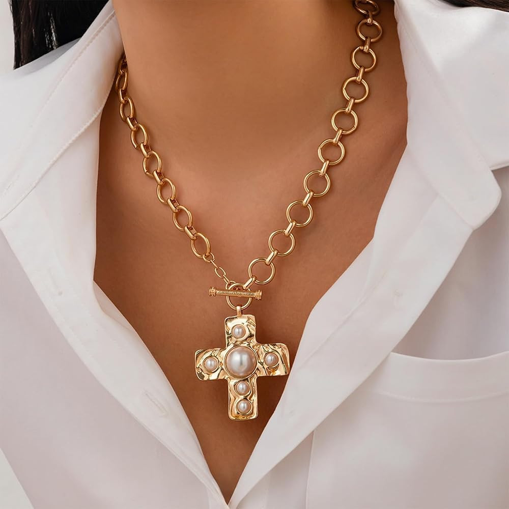 Chunky Cross Necklace for Women Statement Chunky Gold Necklace Pearl Cross Pendant Necklaces Laye... | Amazon (US)