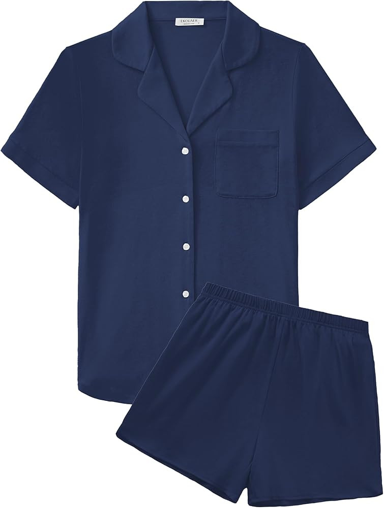 Ekouaer Cotton Pajamas for Women Set Short Sleeve Sleepwear Soft Button Down Pj Loungewear | Amazon (US)