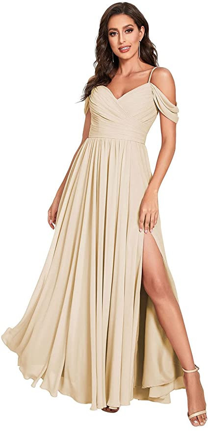 YMSHA Women's V Neck Off Shoulder Bridesmaid Dresses with Slit Chiffon Pleated Formal Gowns with ... | Amazon (US)