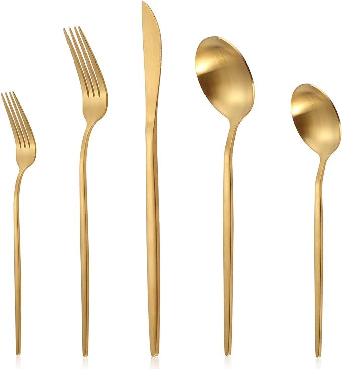 Matte Gold Silverware Set for 8, LAZAHOME Stainless Steel Flatware Cutlery Set, 40-Piece Kitchen ... | Amazon (US)