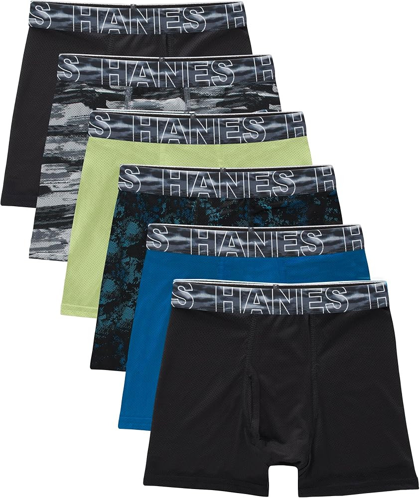 Hanes Boys' Big Performance Tween Boxer Brief Pack, X-Temp Mesh Stretch Underwear, Black, 6-Pack | Amazon (US)