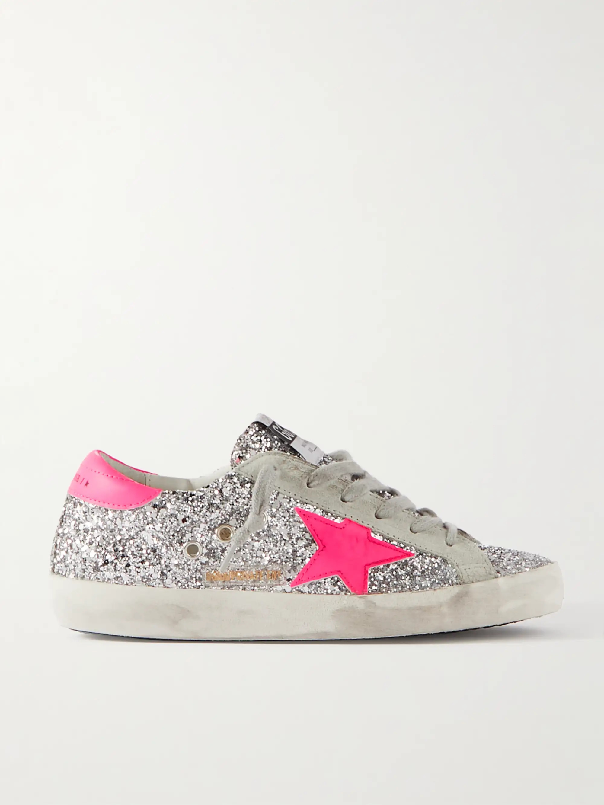 Superstar glittered distressed leather and suede sneakers | NET-A-PORTER APAC
