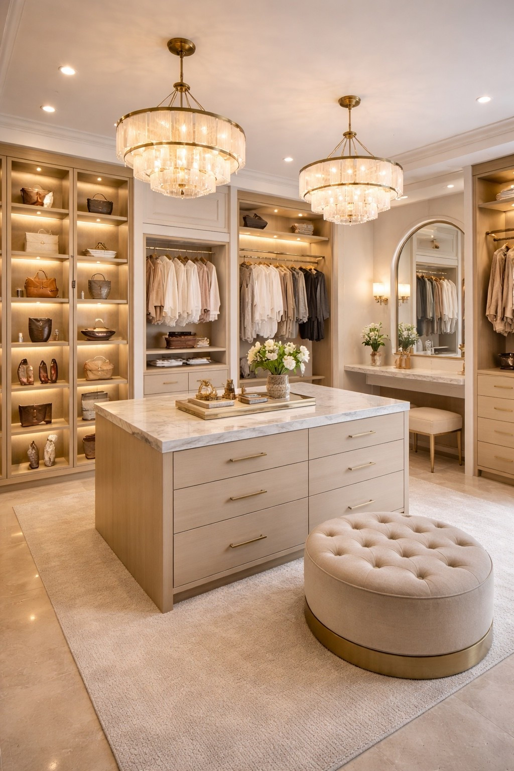 Elegant walk-in closet featuring a marble island dresser, soft beige tones, built-in wardrobe shelves with warm LED lighting, and glamorous crystal chandeliers. This luxury dressing room design blends modern elegance with boutique-style organization, creating the perfect space for fashion, beauty, and accessories. Ideal inspiration for dream closets and high-end interior design lovers.

#walkincloset #luxurycloset #closetdesign #dressingroom #closetinspo #luxuryinterior #closetgoals #pinteresthome #ltkhome #interiordesign #customcloset #dreamcloset #closetorganization #luxuryhome #glaminterior