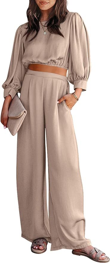 PRETTYGARDEN Women's 2 Piece Satin Outfits Casual Puff Sleeve Crop Tops and Long Palazzo Pants | Amazon (US)