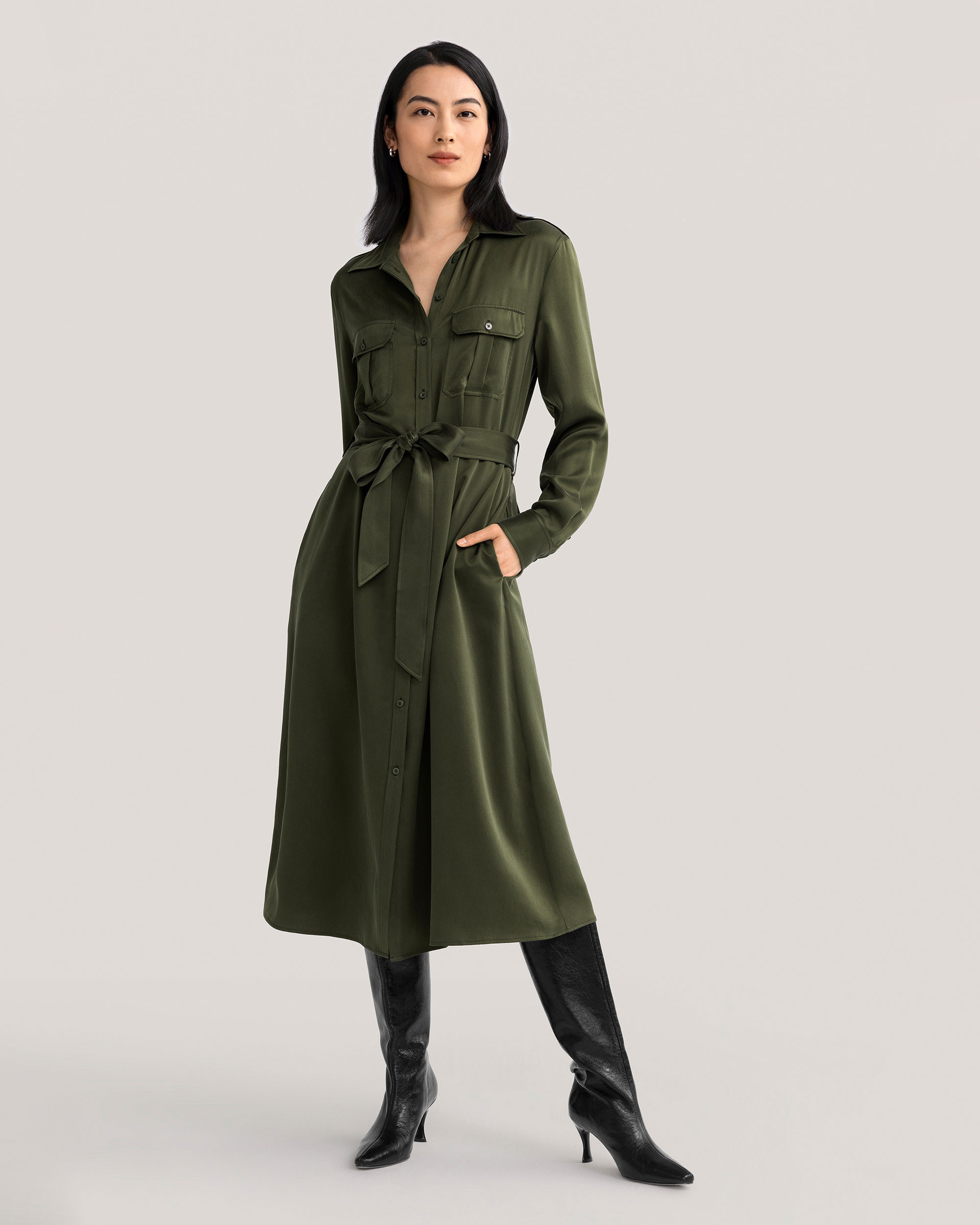 Sand-washed Pocket Trench Dress | LilySilk