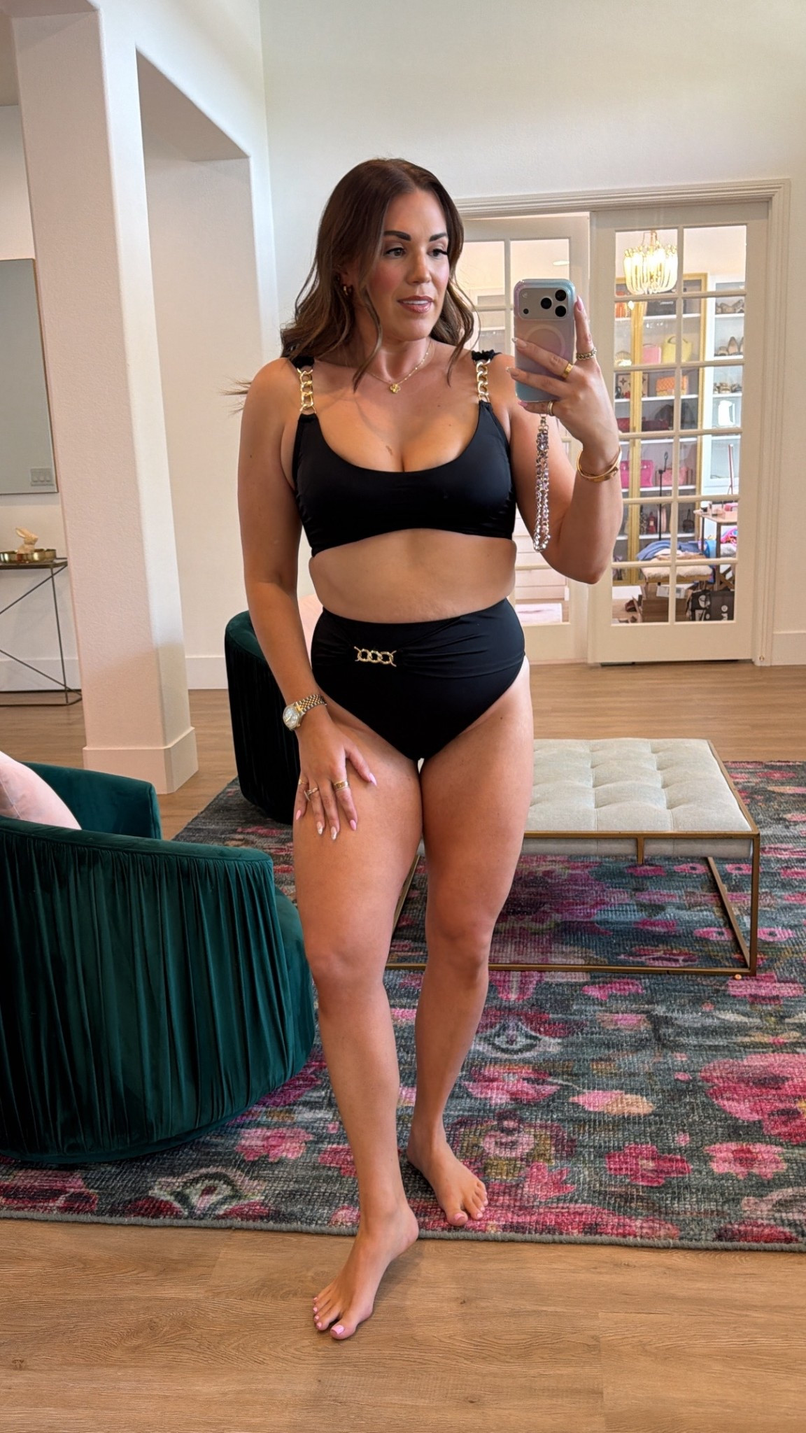 curvy midsize black bikini! loveeee the gold chain details! in the size 10 in top and bottoms 

#LTKSwim #LTKSeasonal #LTKMidsize