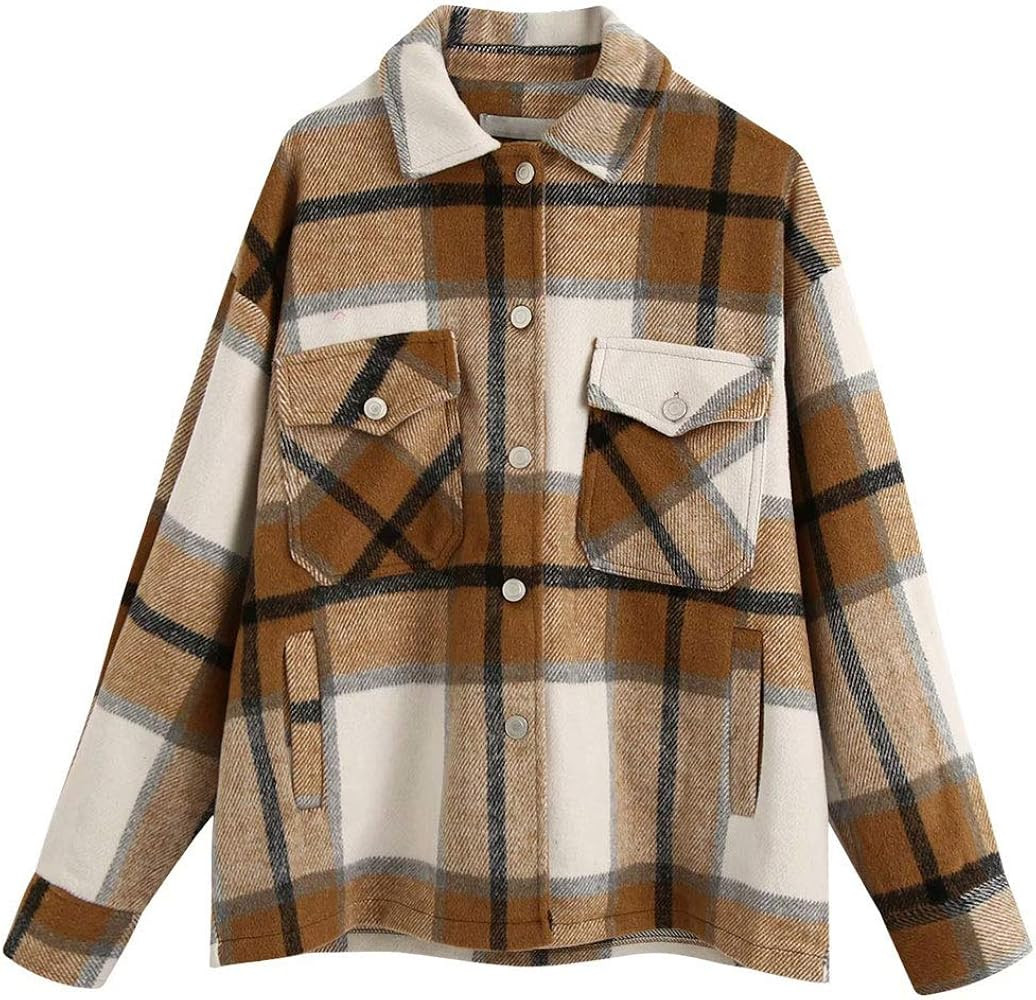 ebossy Women's Vintage Oversized Button Down Wool Blend Plaid Shirt Jacket Shacket | Amazon (US)