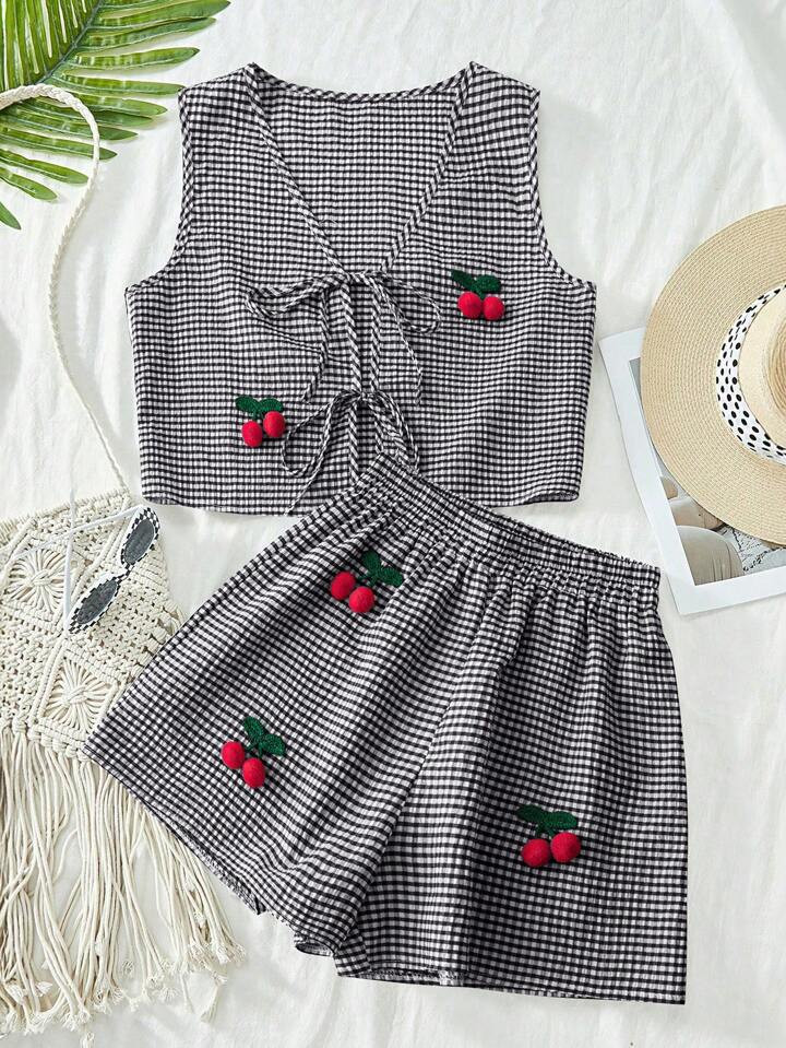 SHEIN SunnyBelle 2pcs Plus Size Women's Summer Cherry Decor Plaid Tie Front Vest And Shorts Set | SHEIN