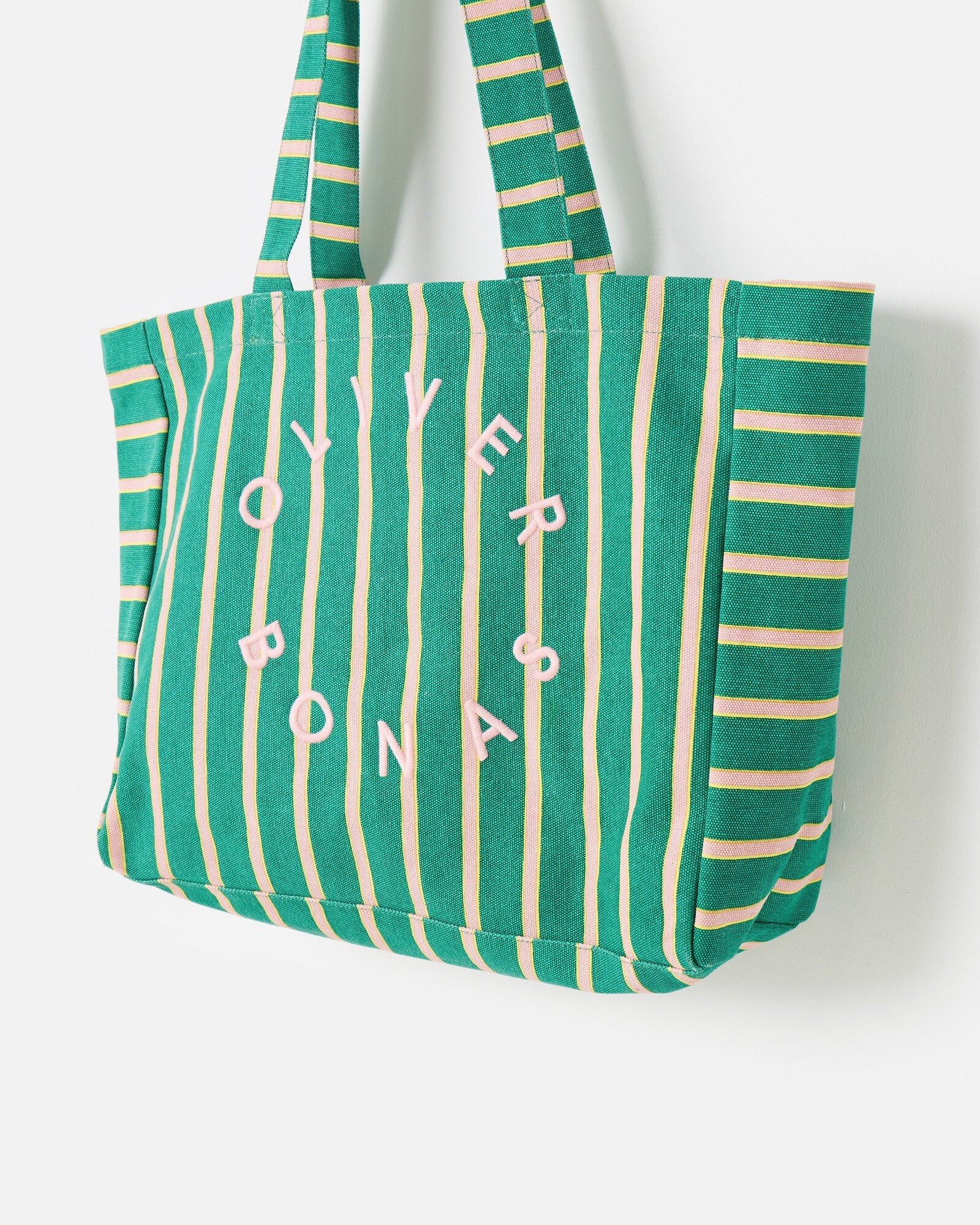 Green & Light Pink Striped Logo Fabric Tote Shopper Bag | Oliver Bonas (Global)