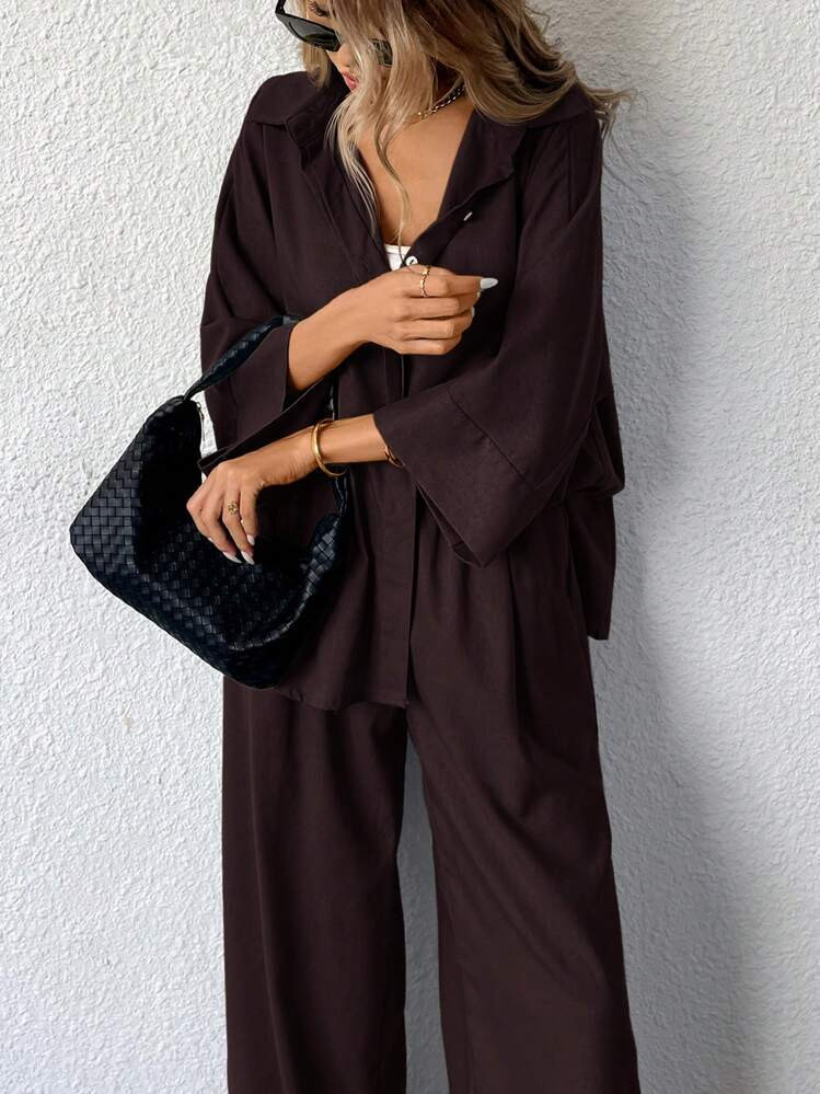 Aveloria Modichic 2pcs/Set Women Blended Side Slit Loose Shirt And High Waist Wide Leg Pants Elegant Business Casual Women  | SHEIN