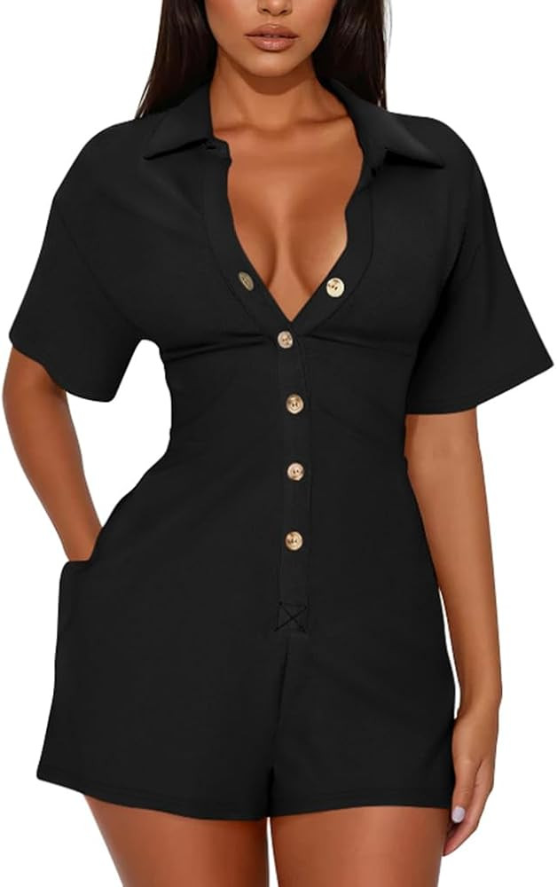 XXTAXN Women's Sexy V Neck Short Sleeve Button Down Slim Fit Work Rompers With Pockets | Amazon (US)