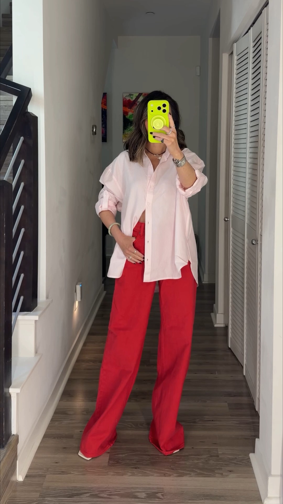 Summer outfits ⚡️ I love the color combo pink and red. This button down is so versatile. The material is really soft. Comes in several colors. Grab it on sale now at Aritzia. Styled with the softest red wide leg jeans that I’ve been wearing on repeat. 

OOTD, summer fashion, Abercrombie, Aritzia, sale, The Stylizt

#LTKootd #LTKdayinmylife #LTKSaleAlert