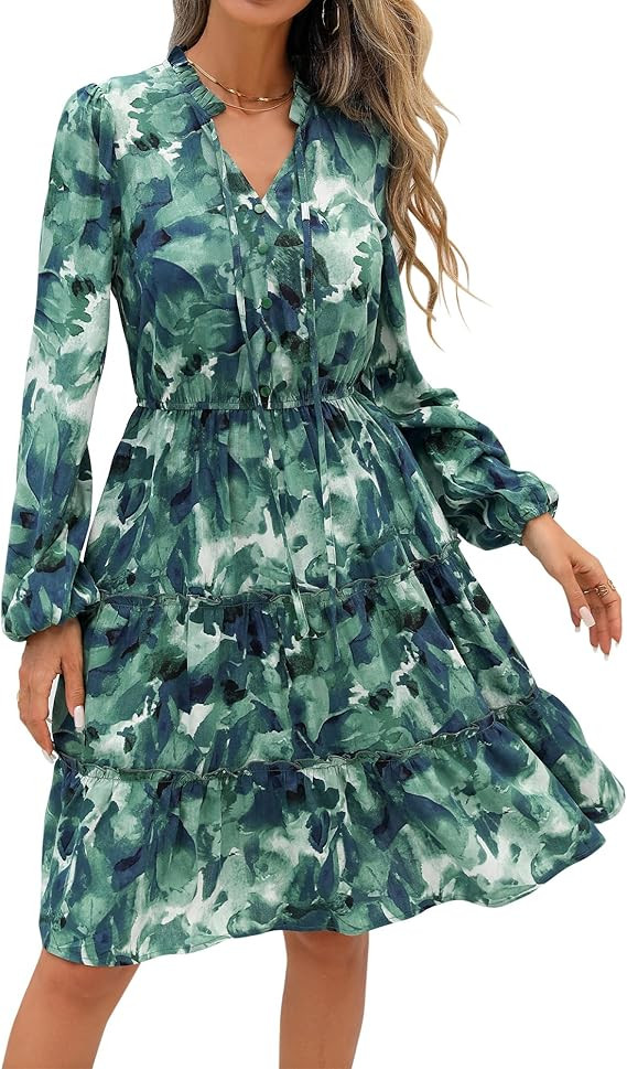 BTFBM Women Fall Dresses 2025 Floral V Neck Long Sleeve Tiered Ruffle Boho Swing Flowy A-Line Min... | Amazon (US)