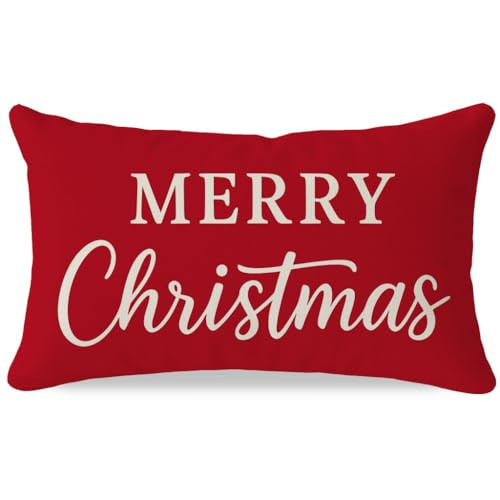 PANDICORN Merry Christmas Pillow Cover 12x20 Inch, Crimson Red Xmas Holiday Lumbar Decorative Cushion Case, Rustic Farmhouse Christmas Decor for Couch Sofa | Amazon (US)