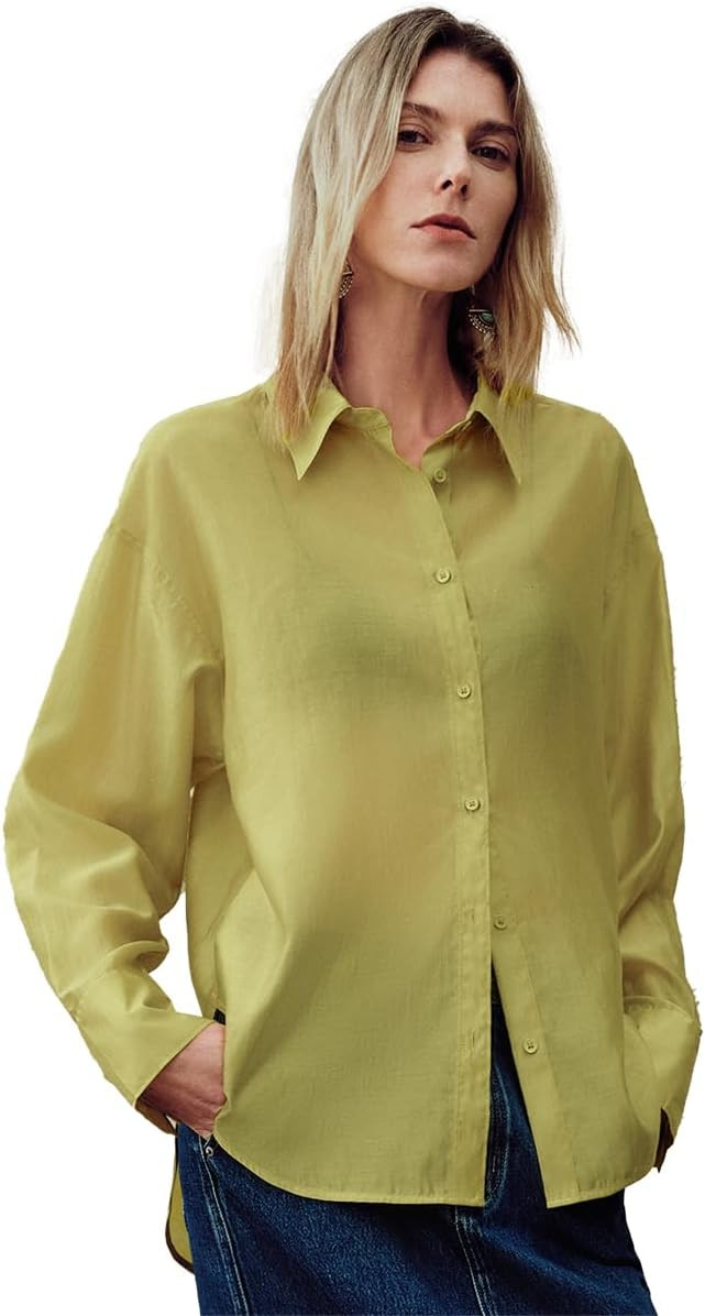 Sheer Long Sleeve Lapel Button Down Shirts for Women Chiffon Blouses Fashion Trendy Mesh Tops | Amazon (US)