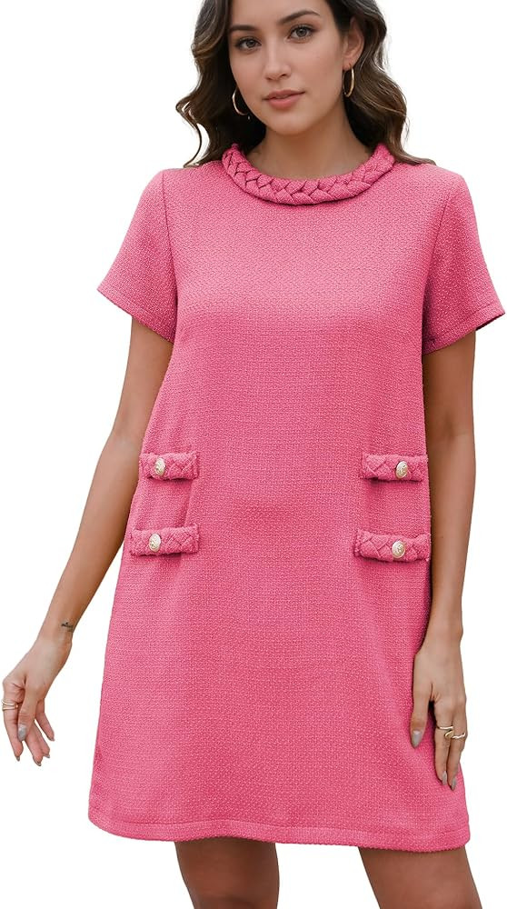 Womens Tweed Jackie Dress Elegant Crew Neck Short Sleeve Button Bodycon Mini Dress | Amazon (US)