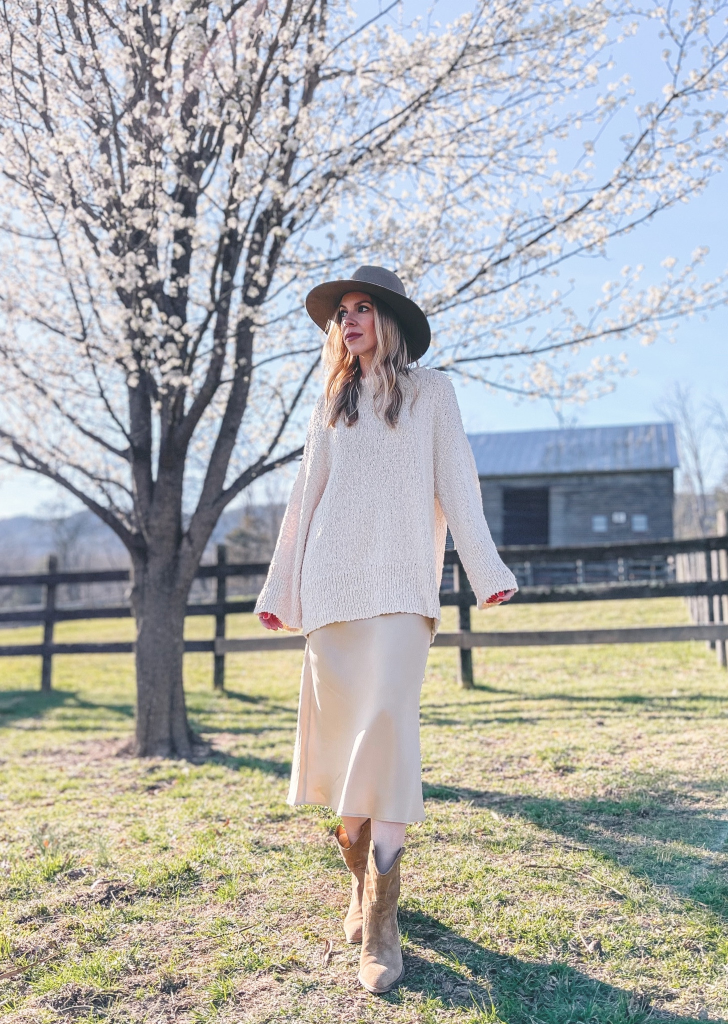 Spring outfit, silk midi skirt, oversized crochet knit sweater, western boots, spring boots, neutral wool hat

#LTKunder100 #LTKshoecrush #LTKstyletip