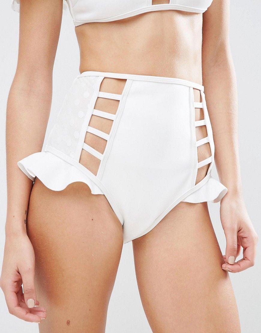 ASOS Neoprene Frill Dot Mesh High Waist Bikini Bottom - White | ASOS US