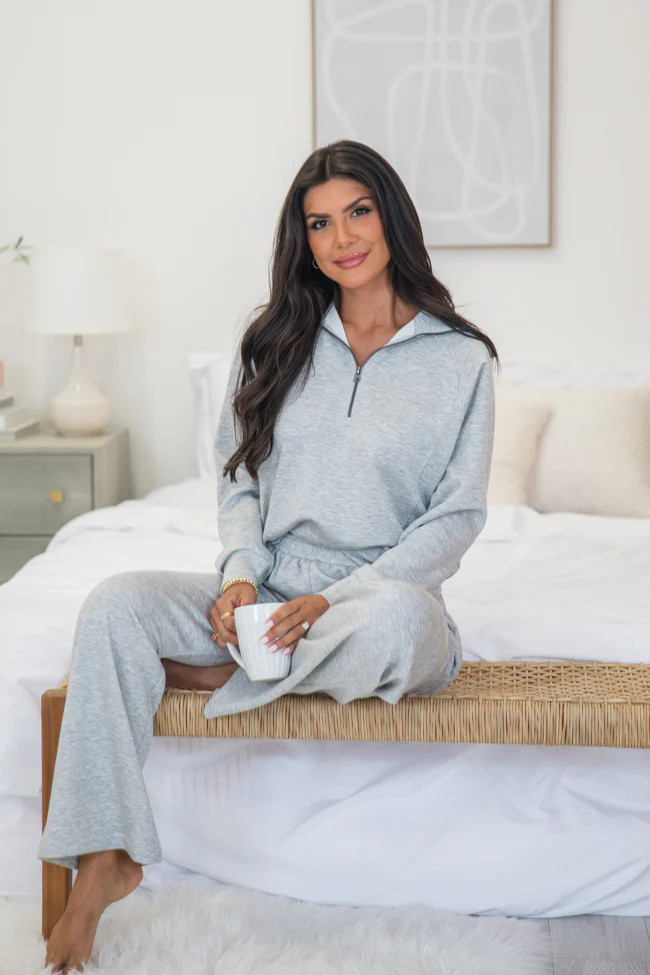 Let's Just Stay Heather Grey Quarter Zip Knit Pullover | Pink Lily