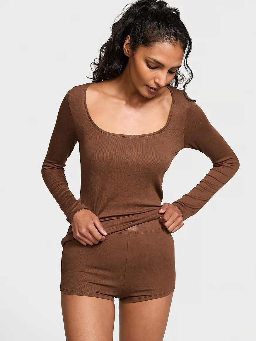 Buy SoSoft™ Modal Ribbed Scoop Long-Sleeve Shortie Set, Mousse - Order Pajamas Sets online - Vi... | Victoria's Secret (US / CA )