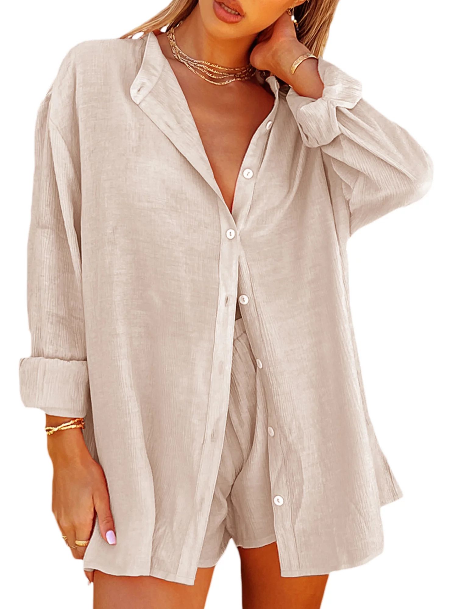 Women's Casual 2 Piece Outfit Set Long Sleeve T-Shirt Elastic Waist Shorts Set Loose Linen Button... | Walmart (US)